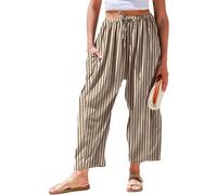 TARSE Womens Linen Wide Leg Pants Casual Loose Drawstring Summer 2025 Beach Travel Vacation Palazzo Harem Pants with Pockets, Stripe Khaki Beige, XS