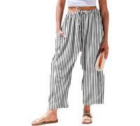 TARSE Womens Linen Wide Leg Pants Casual Loose Drawstring Summer 2025 Beach Travel Vacation Palazzo Harem Pants with Pockets, Stripe Black White, M