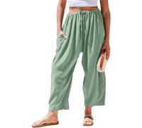 TARSE Womens Linen Wide Leg Pants Casual Loose Drawstring Summer Beach Travel Vacation Palazzo Harem Pants with Pockets, Light Army Green, Large