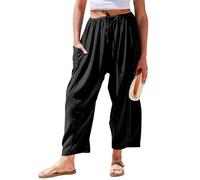 Tarse Womens Linen Wide Leg Pants Casual Loose Drawstring Summer Beach Travel Vacation Palazzo Harem Pants with Pockets, Black, M