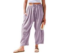TARSE Womens Linen Wide Leg Pants Casual Loose Drawstring Summer Beach Travel Vacation Palazzo Harem Pants with Pockets, Light Purple Pink, XXL
