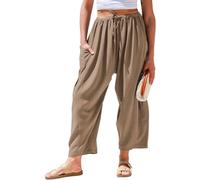 TARSE Womens Linen Wide Leg Pants Casual Loose Drawstring Summer Beach Travel Vacation Palazzo Harem Pants with Pockets, Coffee, S