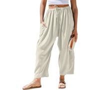 TARSE Womens Linen Wide Leg Striped Pants Casual Barrel Loose Drawstring Low Waist Palazzo Harem Pants with Pockets, Light Khaki Stripe, XXL