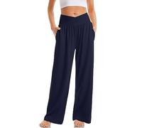 TARSE Women's Wide Leg Casual Loose Pants Yoga Sweatpants Comfy Crossover High Waisted Lounge Pajama Flowy Pants with Pockets, Navy, XL