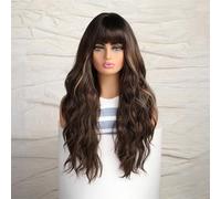 TARSHYRY Brown Wig With Highlights, Long Brown Hair Wig 26in Curly Hair With Fringes Style for Women Long Wavy Fake Curly Color Big Wavy Curls