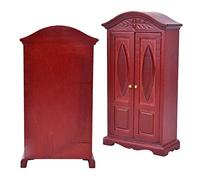 TARSHYRY Doll Wardrobe Closet, Dollhouse Accessories 1:12 Scale Dollhouse Bedroom Furniture Mini Vintage Wooden Double Door Closet (Wine Red)