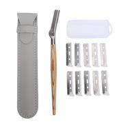 TARSHYRY Manual Eyebrow Shaper Trimmer Stainless Steel with Safety Mesh Guard Wood Handle Facial Hair Trimmer for Men Women 15.3cm 10 Replacement Refills (Long Wooden Handle Eyebrow + Refills)