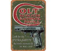 TarSign Colt Revolvers & Automatic Pistols Look for The Extra Safety That Works Automatically in The Grip Vintage Tin Sign Logo 12 8 inches Advertising Eye-Catching Wall Decoration