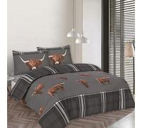 Tartan Check Highland Cow Grey Single Duvet Cover Set Reversible PolyCotton Bedding (GREY, SINGLE)