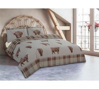Tartan Check King Size Highland Cow Duvet Cover Set Reversible PolyCotton Bedding (NATURAL, KING)