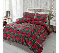 Tartan Check Luxurious Flannel Warm Cozy Bedding Set 100% Natural Brushed Cotton Thermal Duvet Cover Sets with Matching Pillowcase cover (Red, Single)