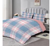 Tartan Check Single Duvet - Reversible Coverless Duvet 7.5 Tog - Checkered Plaid Duvet Single Quilt for All Season - Lightweight and Machine Washable Comforter with Pillowcase - Blue Pink - A95