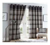 Tartan Checked Grey Eyelet Curtains Fully Lined Ready Made Ring Top 66 x 90"
