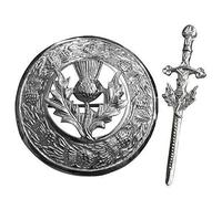 Tartan City Scottish Highland Fly Plaid Brooch Badge & Kilt Pin/Thistle Design -2 Pcs Set