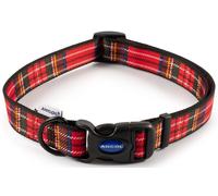 Tartan Dog Collar - Red. Adjustable, Nylon, Snap Buckle, Metal D Ring. 3 Sizes.