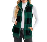 Tartan Gilet for Women UK Clearance,Ladies Fleece Vest Plaid Gilet Checked Jacket Sherpa Fleece Warm Soft Waistcoat Fuzzy Jacket Teddy Coat Winter Zip-Up Lightweight Body Warmer Outwear