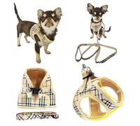 Tartan Plaid Check Stripe Harness and Leash Step in Harness Hook Loop Clip Lead Set Yorkie Maltese Terrior Puppy Smaller Miniature Dogs Toy Pet Chihuahua Terrier (Beige Tartan, XS (Chest 30-35cm))