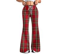 Tartan Plaid Flared Trousers Women High Waist Soft Stretch Work Trouser Check Print Joggers Bottoms UK Butt Lift Bootcut Yoga Pants Ladies Wide Leg Pants Elasticated Waist M