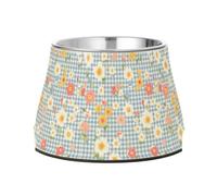 Tartan Plaid Flowers Blue Raised Pets Food Bowls Non Slip Stainless Steel Pets Water Bowl for Slow Feed Dogs Comfort Feeding