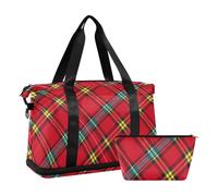 Tartan Plaid Red Shoulder Weekender Overnight Bag with Wet Pocket Adjustable Strap Gym Bag for Trip Foldable for men women