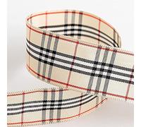 Tartan Ribbon 25mm x 10M - Cream/Black/Red