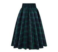 Tartan Skirt for Women Checked Pleated Midi Skirt Plaid Long High Waist Skater Gingham Skirts Vintage Skirts Elegant with Drawstring Green L