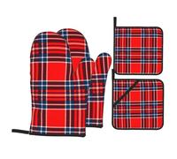 Tartan-Traditional-Checkered-British-Fabric-Red-and-Blue Oven Mitts and Pot Holders 4 Pcs Set, High Heat Resistant Kitchen Cotton Oven Glove for Baking, BBQ, Cooking