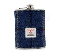 TARTAN TWEEDS Harris Tweed 8oz Hip Flask Stainless Steel Boxed (Blue Overcheck)