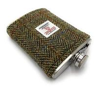 TARTAN TWEEDS Harris Tweed 8oz Hip Flask Stainless Steel Boxed (Green Herringbone)