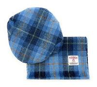 Tartan Tweeds Harris Tweed Hat & Fringed Scarf Set Unisex Hand Made in Scotland (Blue Check)