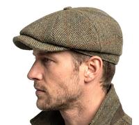 Tartan Tweeds Harris Tweed Traditional Peak Eight Panel Newsboy Cap British Made Green Herringbone (S)