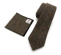 Tartan Tweeds Mens Harris Tweed Brown Herringbone Necktie Handkerchief Pocket Square Set