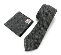 Tartan Tweeds Mens Harris Tweed Grey Herringbone Necktie Handkerchief Pocket Square Set