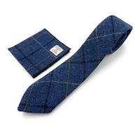 Tartan Tweeds Mens Harris Tweed Necktie Handkerchief Pocket Square Set (Blue Overcheck)