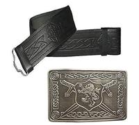 Tartancity Genuine Cowhide Leather Kilt Belt - Adjustable, Celtic Designs Buckles - Scottish Belts & Buckles - Leather Embossed Belt (Embossed Black with Antique Shield Buckle, Size 30-36 inches)