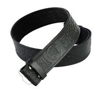Tartancity Scottish Black Leather Kilt Belt - Masonic, Thistle & Plain Styles - Real Leather Traditional Kilt Belt Without Buckle for Men & Boys (Lion Rampant Embossed, Medium)