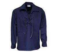 Tartanista Mens Scottish Jacobite/Jacobean Ghillie Shirt with 3 Eyelet Pairs & Lace - Navy - Small