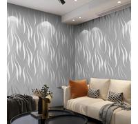 Tarwanear 3 Rolls Silver Grey 3D Wave Stripe Wallpaper Glitter Abstract Curve Wave Grey Wall Paper Roll Modern Embossed DIY Wallpapers Flocking Striped Wallpaper for Living Room Bedroom Hallway