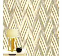 Tarwanear Light Gold Wallpaper Wave Stripes Thick Textured Wallpapers Non-Woven 3D Modern Print Embossed Stripe Feature Wall Papers Roll for Livingroom Bedroom Lounge Hallway