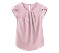 TASAMO Blouse Short Sleeves Round Neck Flattering Floral Prints Button-Down Shirts for Women(X-Large, Pink)