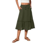 TASAMO Elevate Your Style High-Waisted Flared Bell Skirt - Featuring Adjustable Elastic Waistband and Convenient Pockets Olive Green