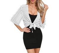 TASAMO Half Sleeve Evening Shaw Tie at Waist Bolero Shrug Cardigans for Women UK(White Wave Point,Small)