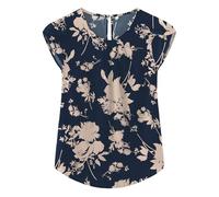 TASAMO Woman Shirts Basic Chiffon Round Neck Keyhole Back Pleated Casual Cap Sleeves Tee(Medium, Pink Flower- Blue)