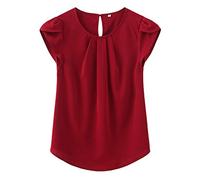 TASAMO Woman Shirts Basic Chiffon Round Neck Keyhole Back Pleated Casual Cap Sleeves Tee(Medium, Wine red)