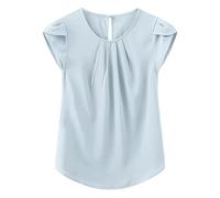 TASAMO Women’s Blouses Casual Cap Sleeves Front Pleated Round Neck Keyhole Back Chiffon Dressy Top(Large, Light Blue)