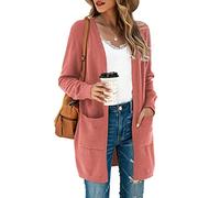 TASAMO Women’s Long Sleeve Color Block Striped Draped Kimono Lightweight Knit Coat(Medium, Coral Pink)