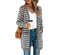 TASAMO Women’s Long Sleeve Color Block Striped Draped Kimono Lightweight Knit Coat(Medium, Grey White Stripe)
