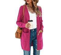 TASAMO Women’s Long Sleeve Color Block Striped Draped Kimono Lightweight Knit Coat(Medium, Rose red)