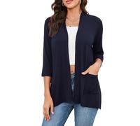 TASAMO Women's Casual Lightweight Open Front Cardigans Soft Draped Ruffles 3/4 Sleeve Cardigan（Large,Navy Blue）
