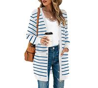 TASAMO Women's Casual Open Front Multiple Drape Kimono Long Sleeve Pockets Cardigan Knit Sweater Outwear(XX-Large,White Blue Stripe)